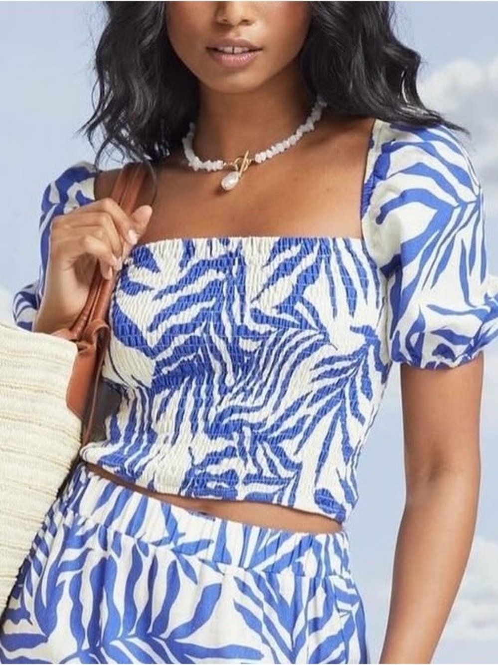 Primark Blue and White Zebra Smocked Puff-Sleeve Crop Top - Size 4